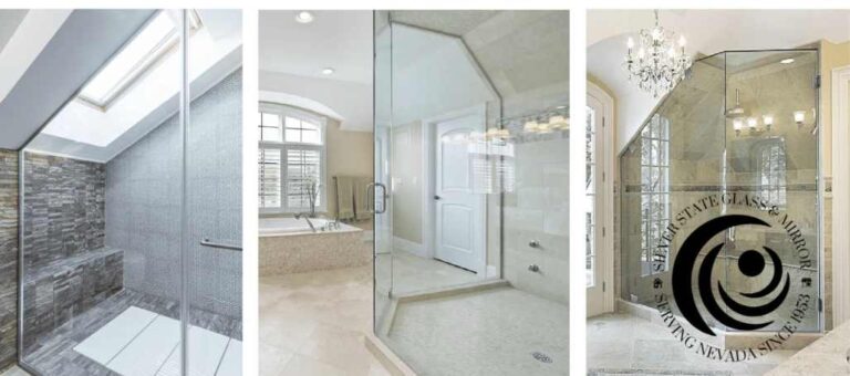 Three luxury bathrooms with custom frameless glass shower enclosures designed by Silver State Glass & Mirror.