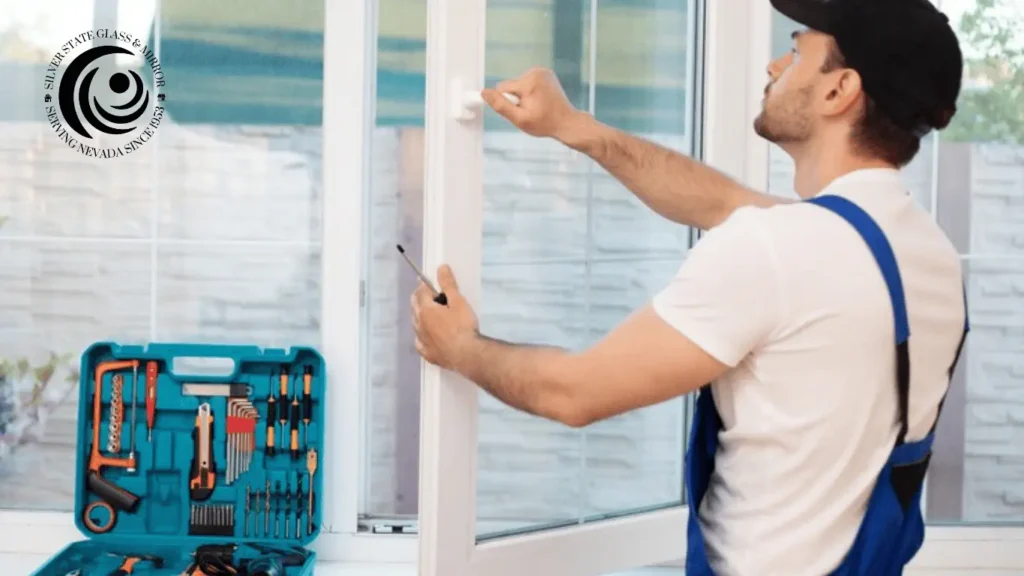 A technician in overalls adjusts a glass door frame with tools ready for precise installation, featuring the Silver State Glass & Mirror logo.