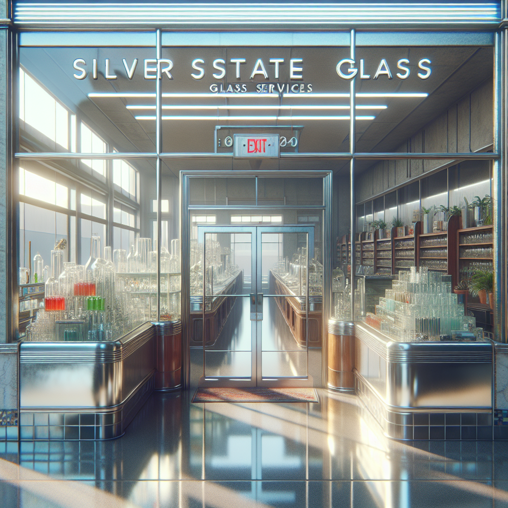 Photo-realistic glass installation reflecting light and environment, with aluminum frame and tempered glass.