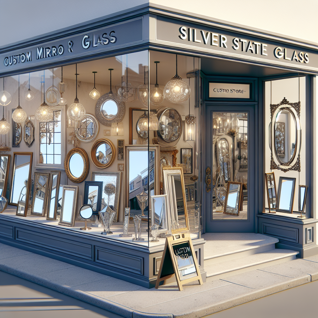 Photo-realistic custom glass installation reflecting natural light in a modern storefront. Sparkling tempered glass showcased in crisp detail.