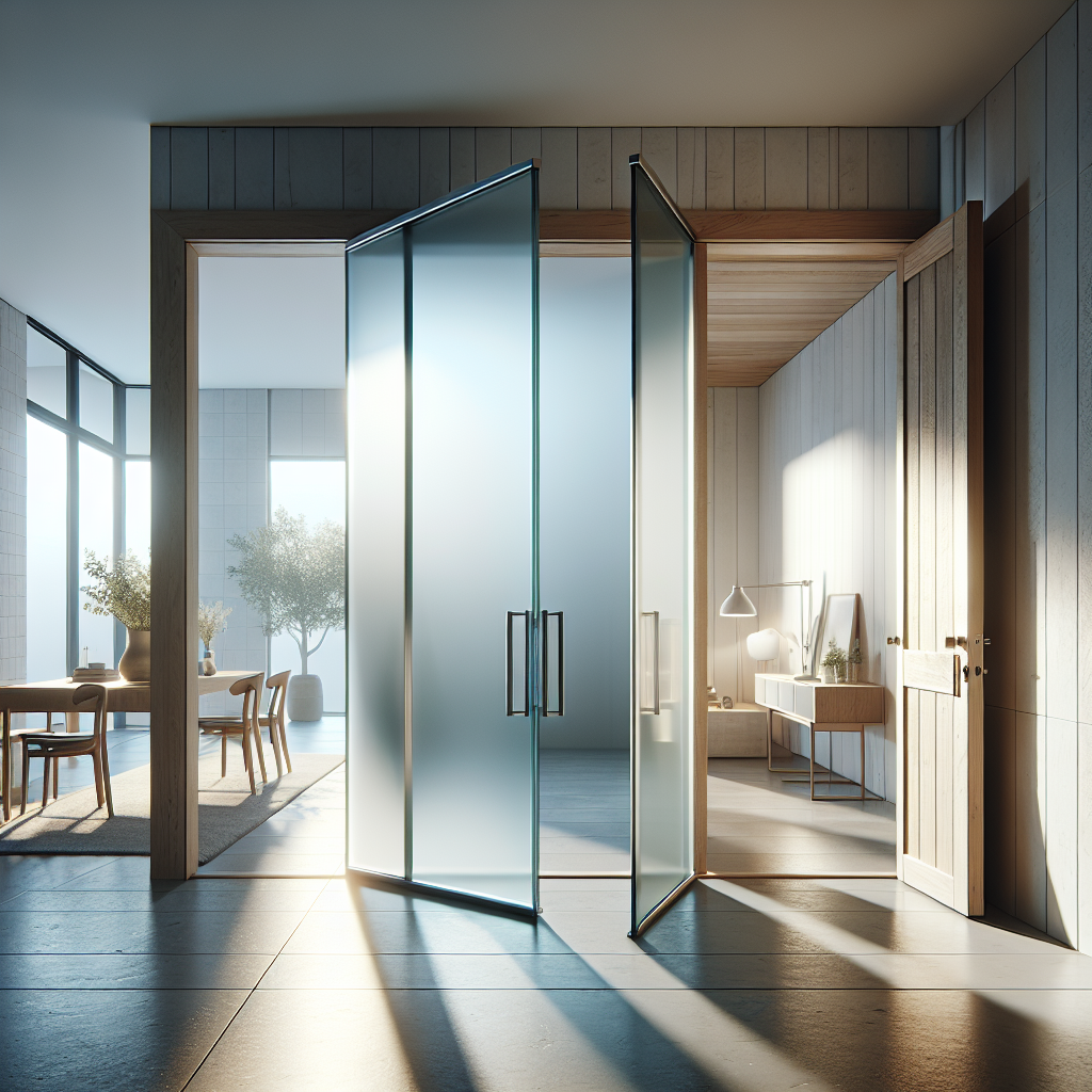 Realistic glass installation in modern environment with tempered glass and aluminum frame, reflecting light seamlessly.