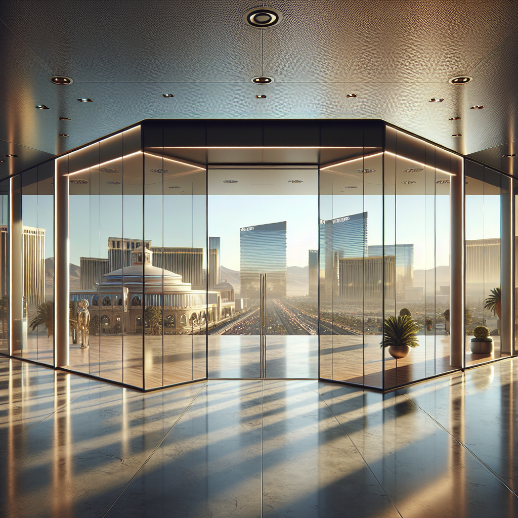 Photo-realistic glass installation in a gym with tempered glass, silicone seams, and aluminum frame, reflecting natural light.