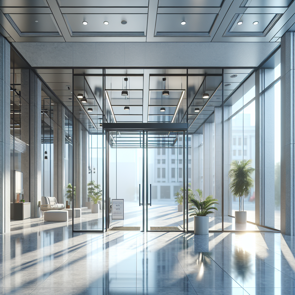 Photo-realistic glass door installation with reflective tempered glass, silicone seams, and aluminum frame in a gym environment.