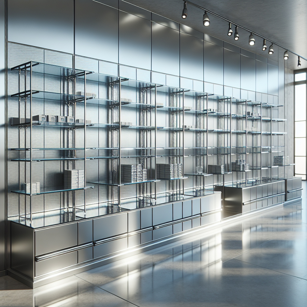 Photo-realistic glass shelving installation with aluminum frame, tempered glass, and high attention to detail.