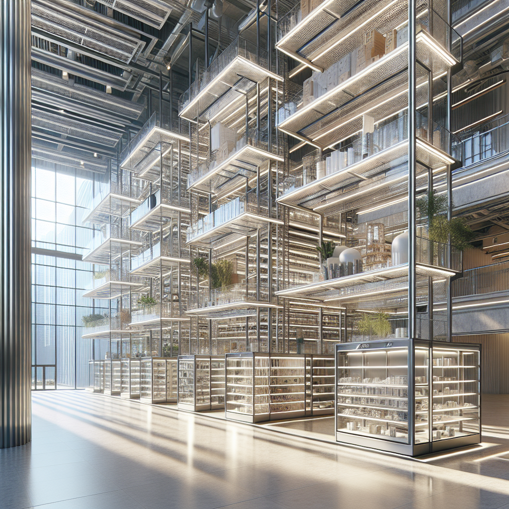 Photo-realistic commercial glass shelving system showcasing aluminum-framed tempered glass shelves in a sleek storefront environment with reflections and natural light.