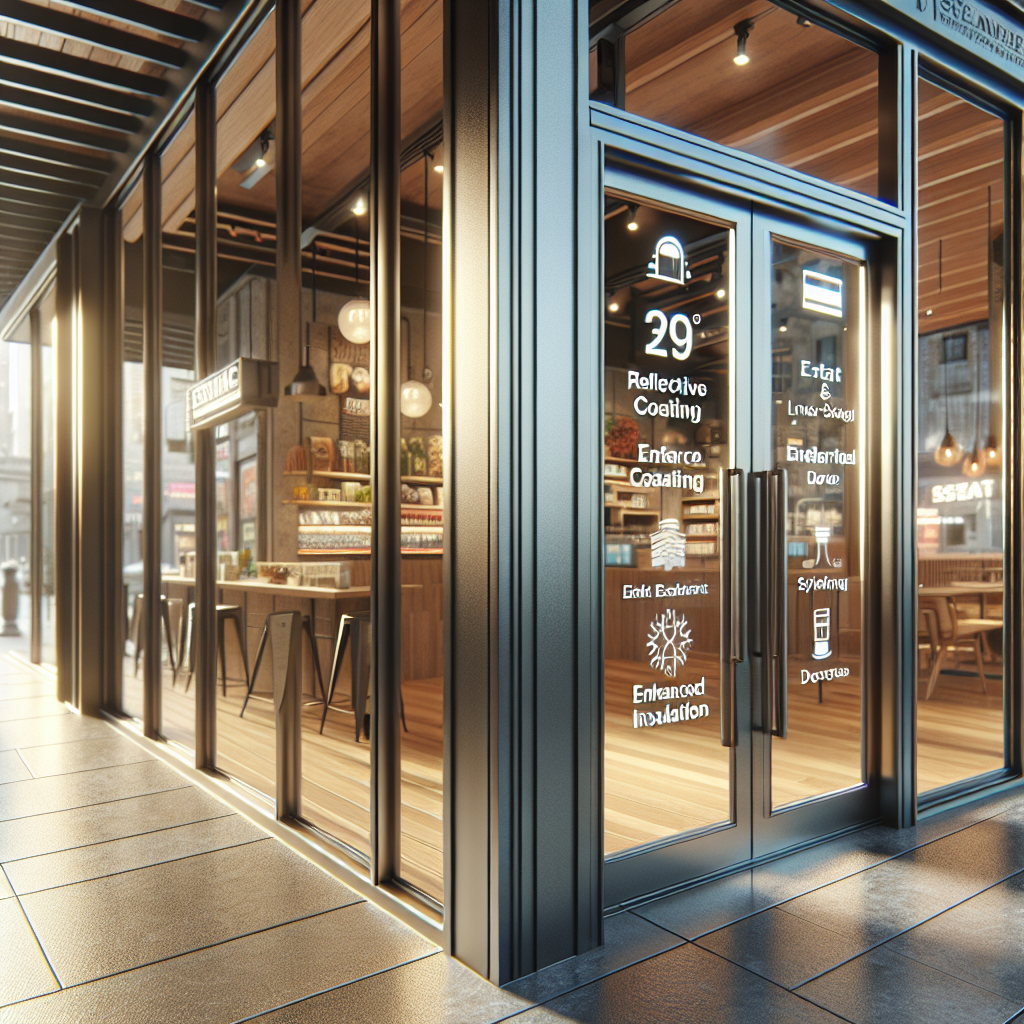 Photo-realistic glass storefront installation with tempered glass, silicone seams, and aluminum frame reflecting natural light.