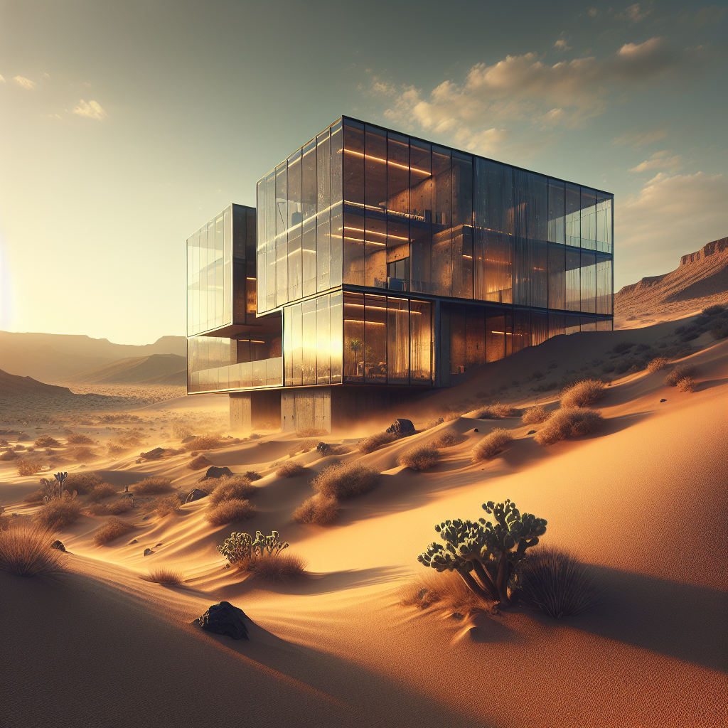Realistic glass storefront in desert environment with aluminum frame and silicone seams.
