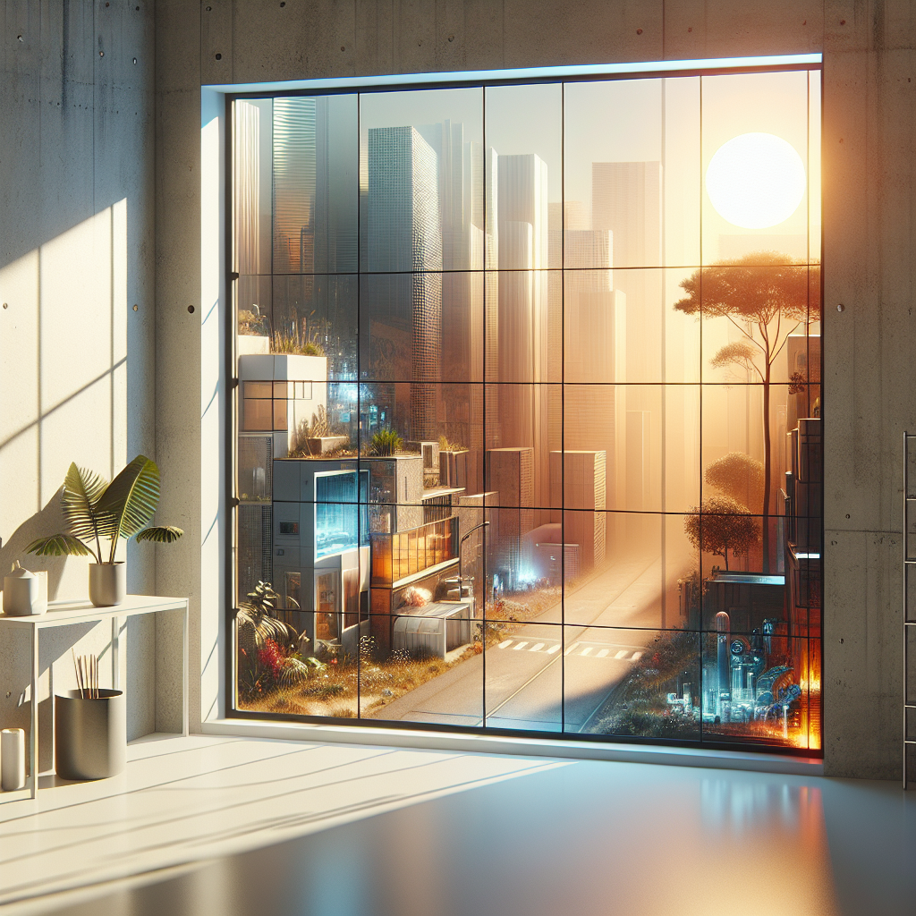 Photo-realistic glass installation in storefront with tempered glass, aluminum frame, and silicone seams, reflecting natural light.
