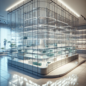 Stunning, photo-realistic glass shelving installation in Las Vegas retail space. Reflective, durable, and customizable for your business.