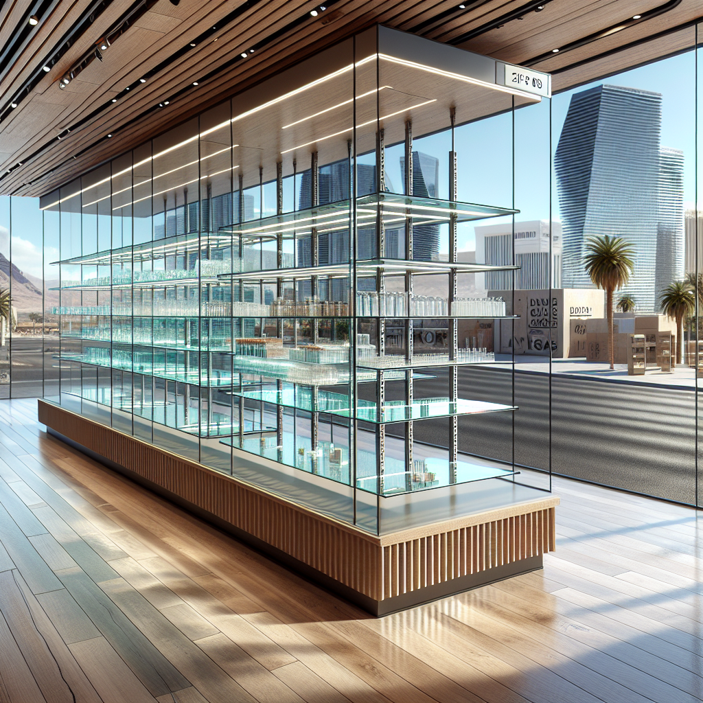 Modern glass shelving system with tempered glass, sleek aluminum frame, and silicone seams, enhancing the visual appeal and functionality of your retail space in Las Vegas.