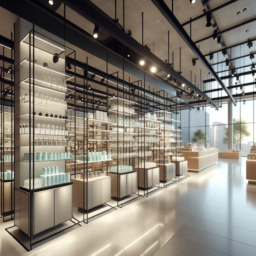 Photo-realistic glass shelving system reflecting natural light with aluminum frame and tempered glass shelves, enhancing retail space aesthetic.