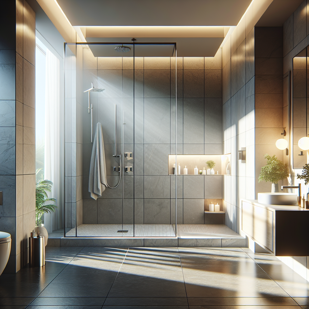 Modern, realistic curbless glass shower system with sleek, minimalist design.