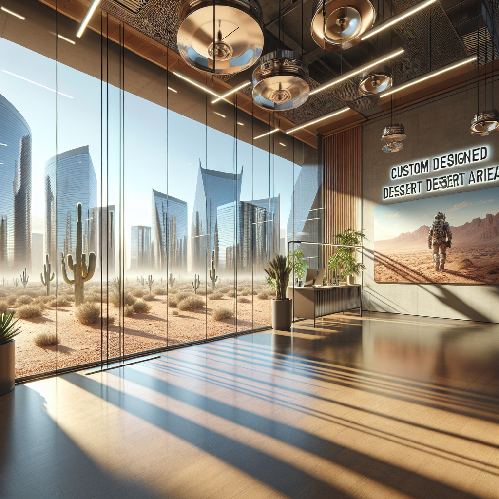 Natural-sounding alt text: "Realistic glass installation in office with desert-resistant frameless partitions, maximizing natural light and enhancing acoustics."