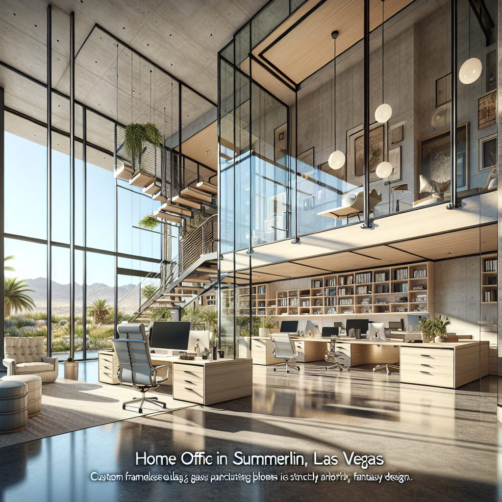 Sleek, transparent frameless glass partitions with silicone seams and aluminum frame offer elegance and natural light in Summerlin, Las Vegas.