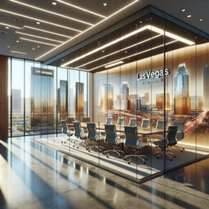 Custom glass conference room partition with soundproofing, aluminum frame, and sleek, modern design in Las Vegas 89108 area.