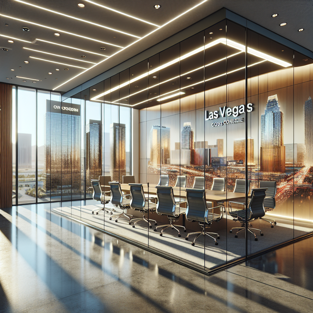 Custom glass conference room partition with soundproofing, aluminum frame, and sleek, modern design in Las Vegas 89108 area.