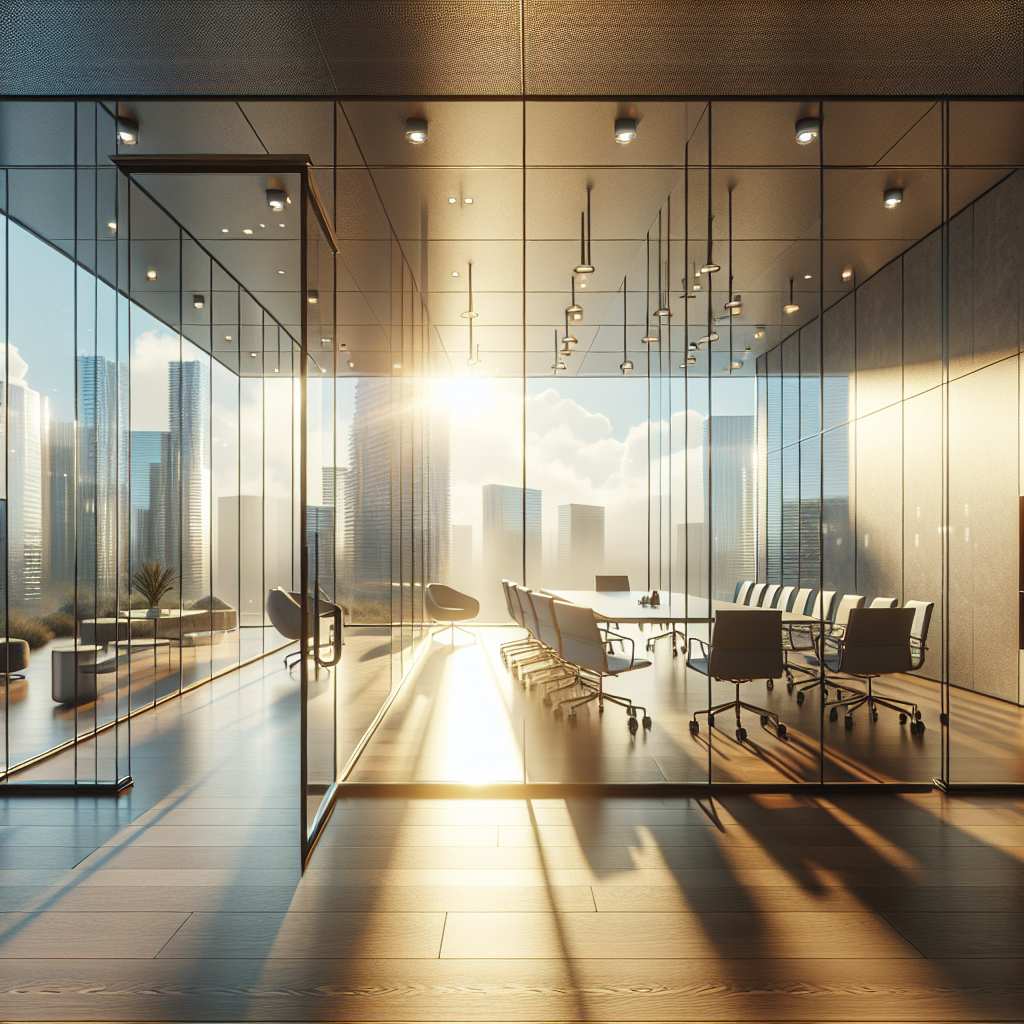Custom glass conference room walls with heat-resistant tinting, aluminum frames, and realistic reflections in Las Vegas.