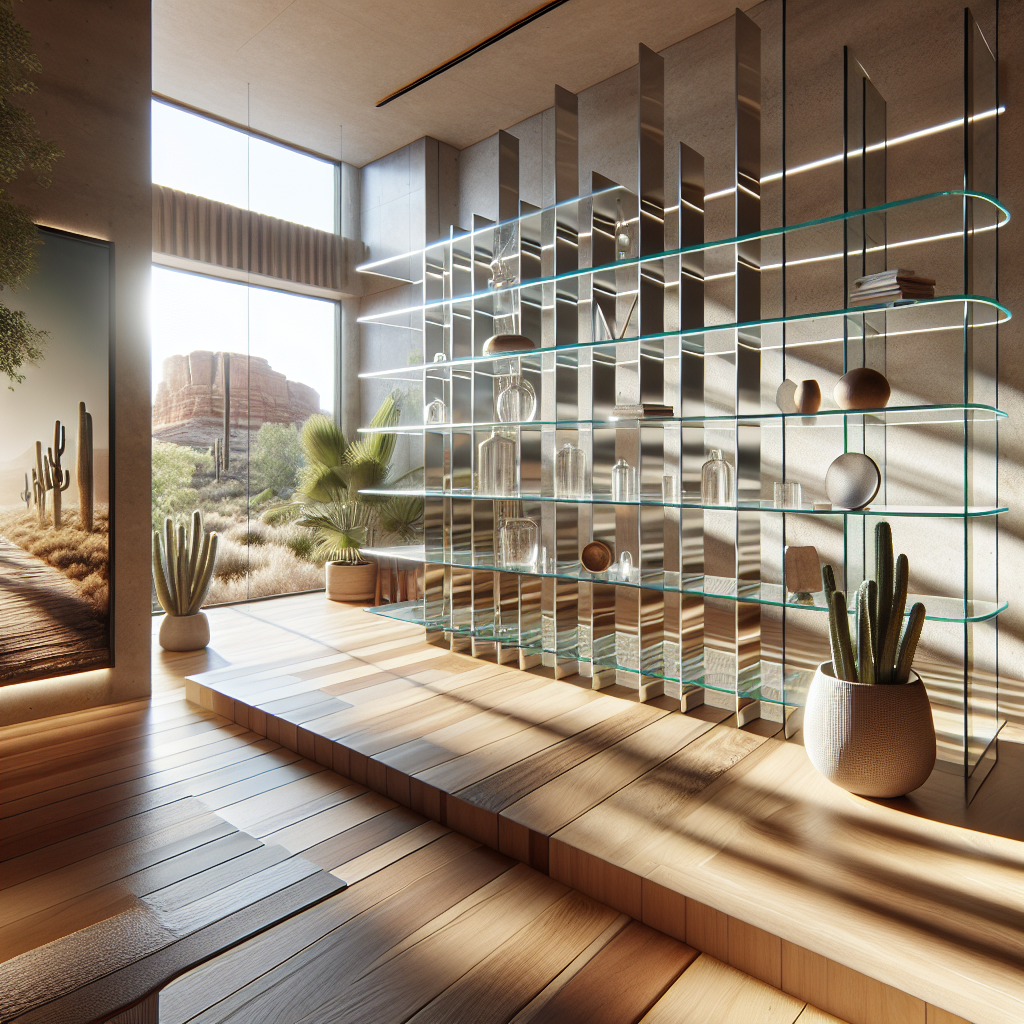Realistic photo showing custom glass shelving in a modern living room.