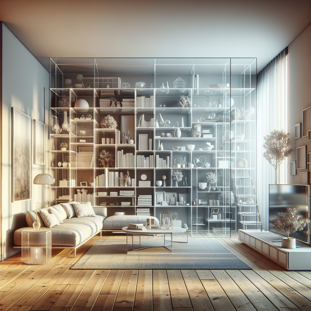 Photo-realistic, custom glass shelving installation in a bright, modern living room with clean lines and minimalistic decor.