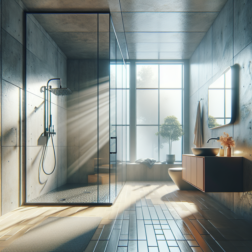 Photo-realistic low-iron semi-frameless glass shower door installation with clear reflections and sleek design.