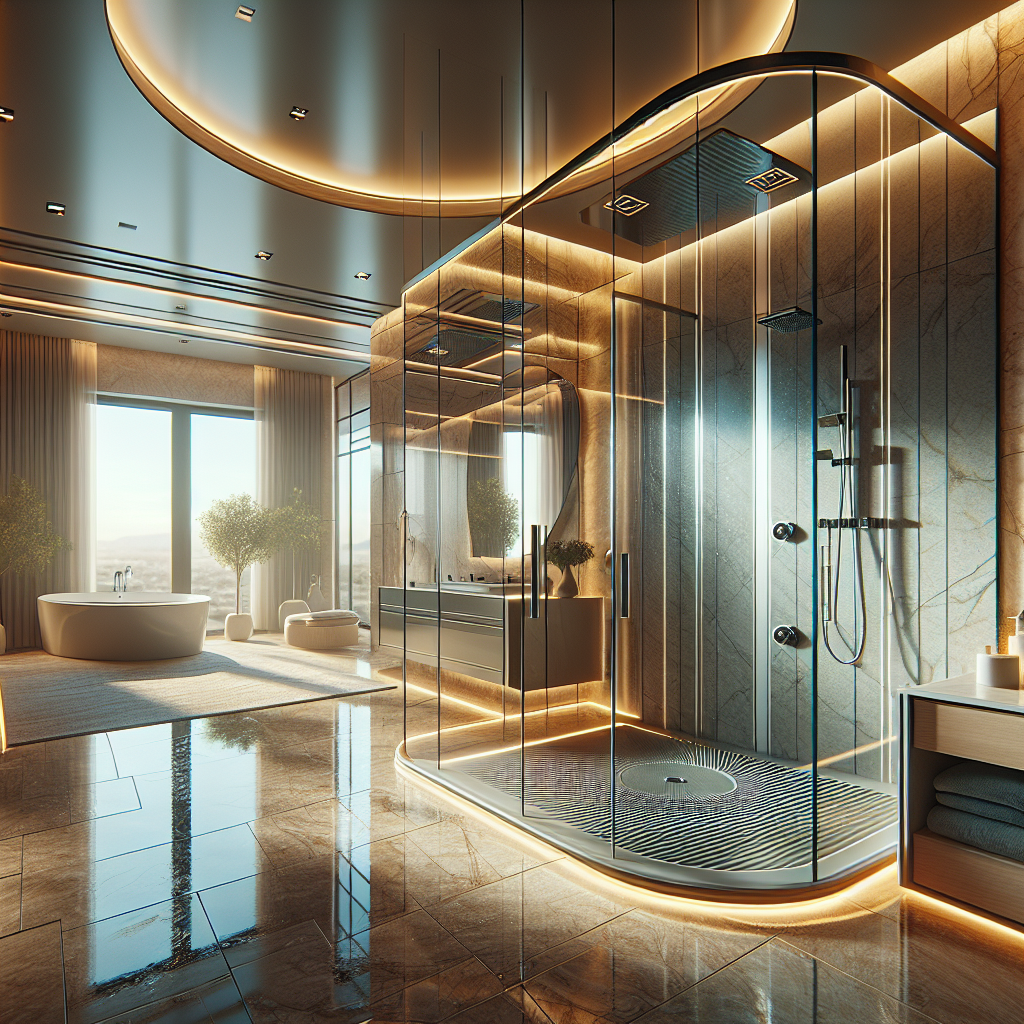 Luxury glass shower door with aluminum frame, tempered glass, and sleek, realistic reflections.