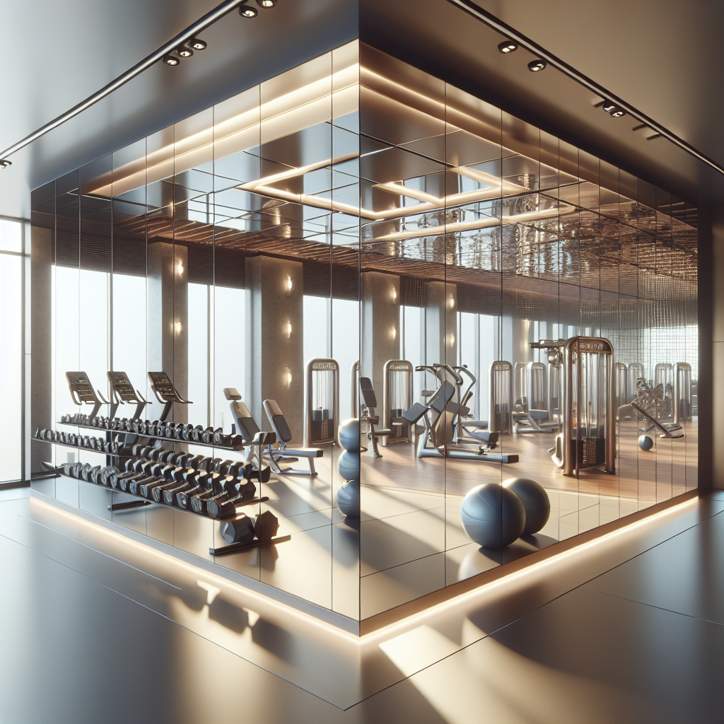 Photo-realistic gym mirror wall installation with tempered glass, silicone seams, and aluminum frame, reflecting light and enhancing space in Las Vegas.