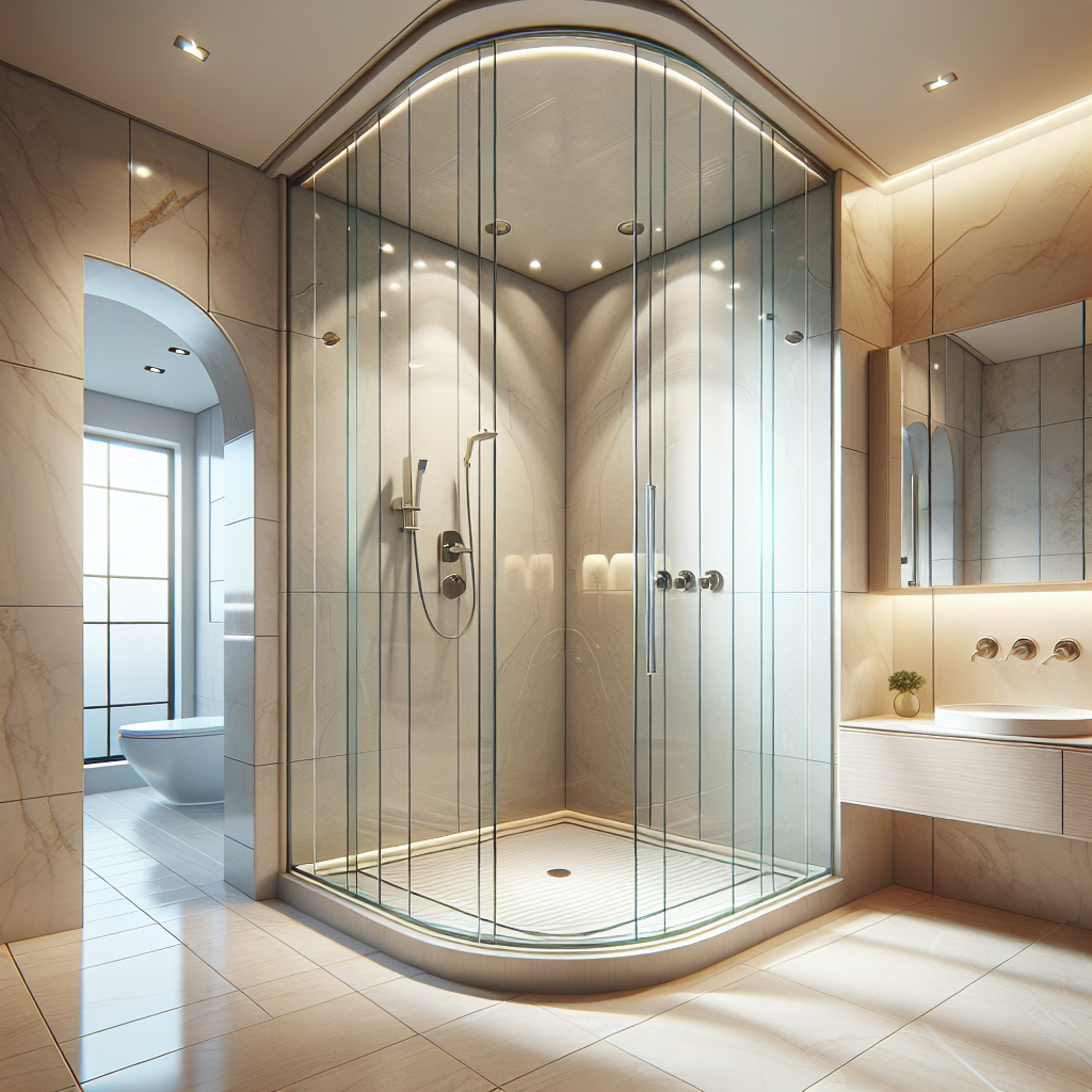 Photo-realistic tempered glass shower enclosure with aluminum frame and silicone seams, reflecting natural light.