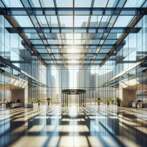 Stunning custom overhead glass entryway with tempered glass, sleek aluminum frame, and natural light reflections.