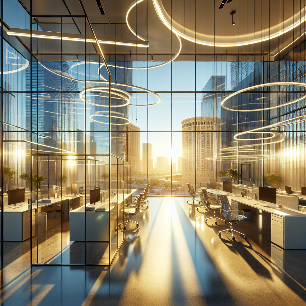 Custom sun-resistant glass partitioning with aluminum frame in realistic office environment.