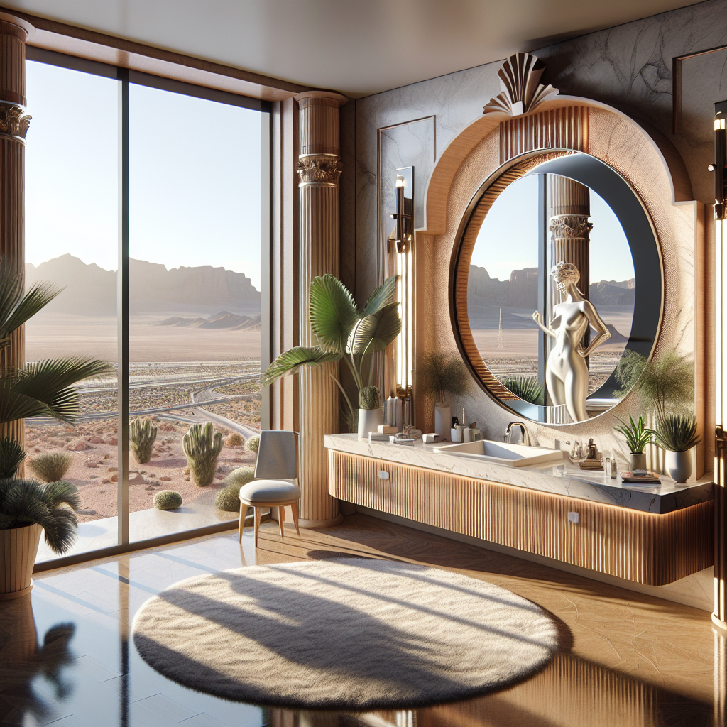 Photo-realistic custom vanity mirror with tempered glass, silicone seams, and aluminum frame reflects natural light in Las Vegas.
