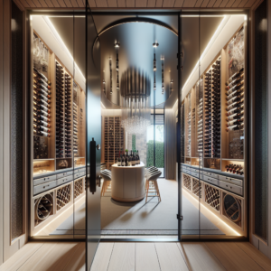 Photo-realistic glass installation with sleek aluminum frame and silicone seams, reflecting natural light in a modern wine room.