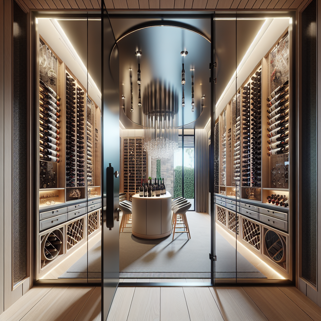 Photo-realistic glass installation with sleek aluminum frame and silicone seams, reflecting natural light in a modern wine room.