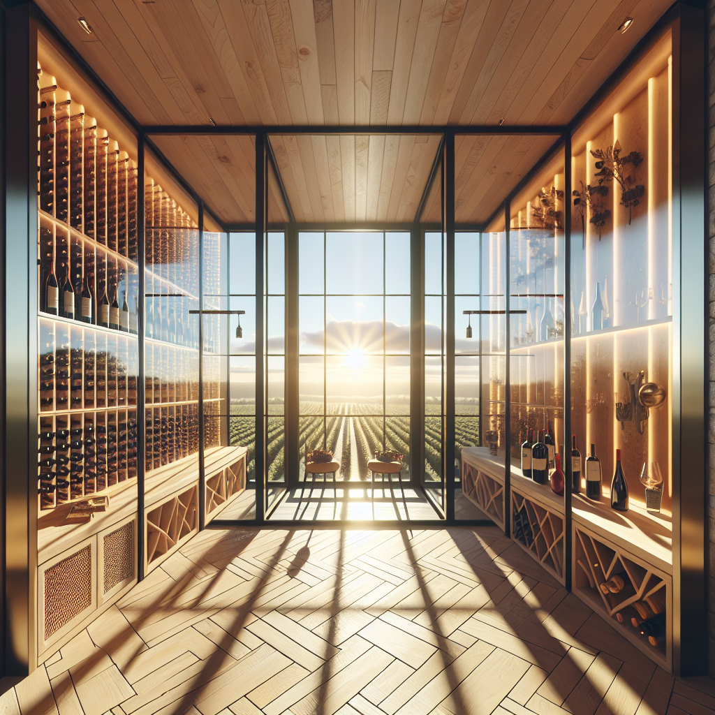 Exquisite photo-realistic glass wine room enclosure with reflections and sleek design.