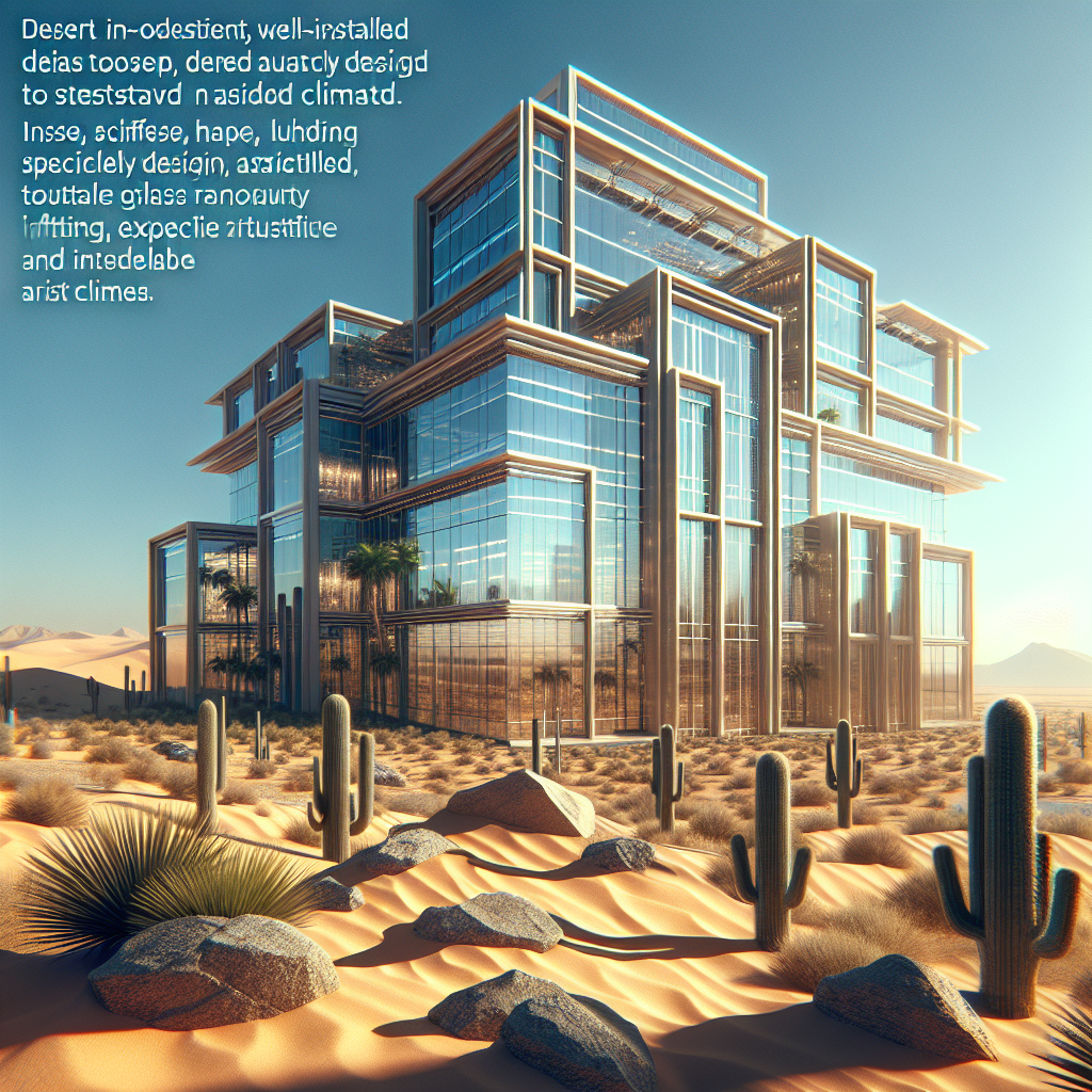 Photo-realistic desert-optimized glass installation with aluminum frame, tempered glass, and minimal silicone seams reflects natural light in a modern office setting.