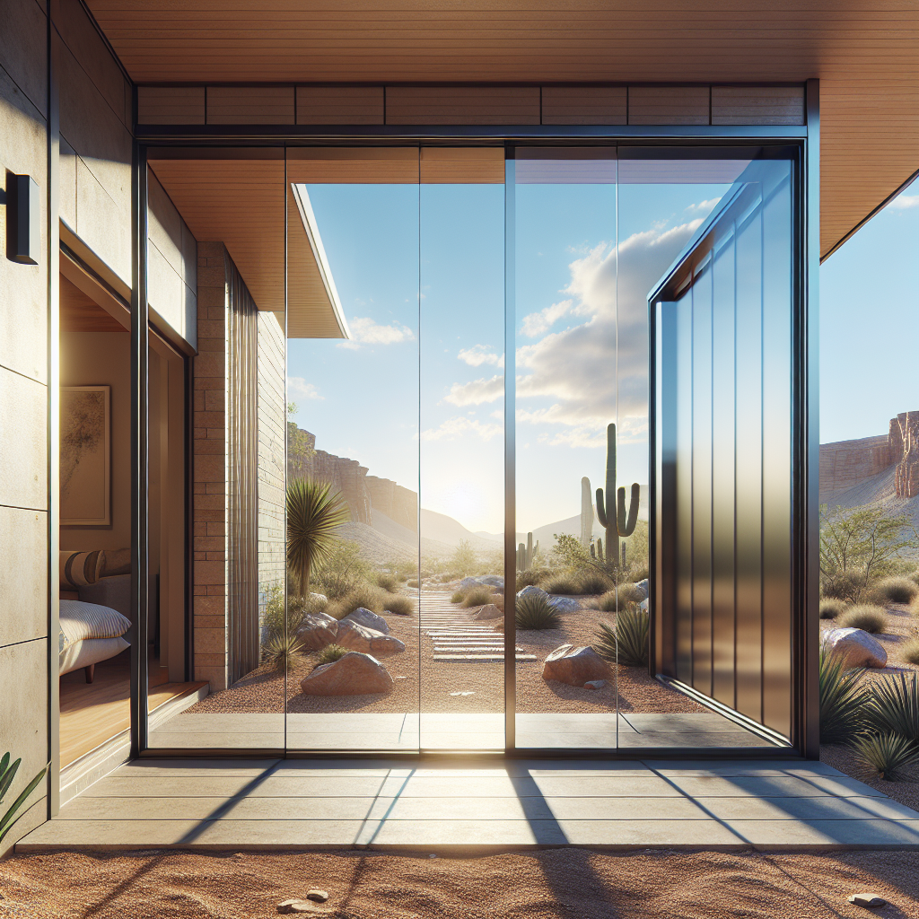 Realistic, desert-resilient sliding glass door replacement with aluminum frame and tempered glass.