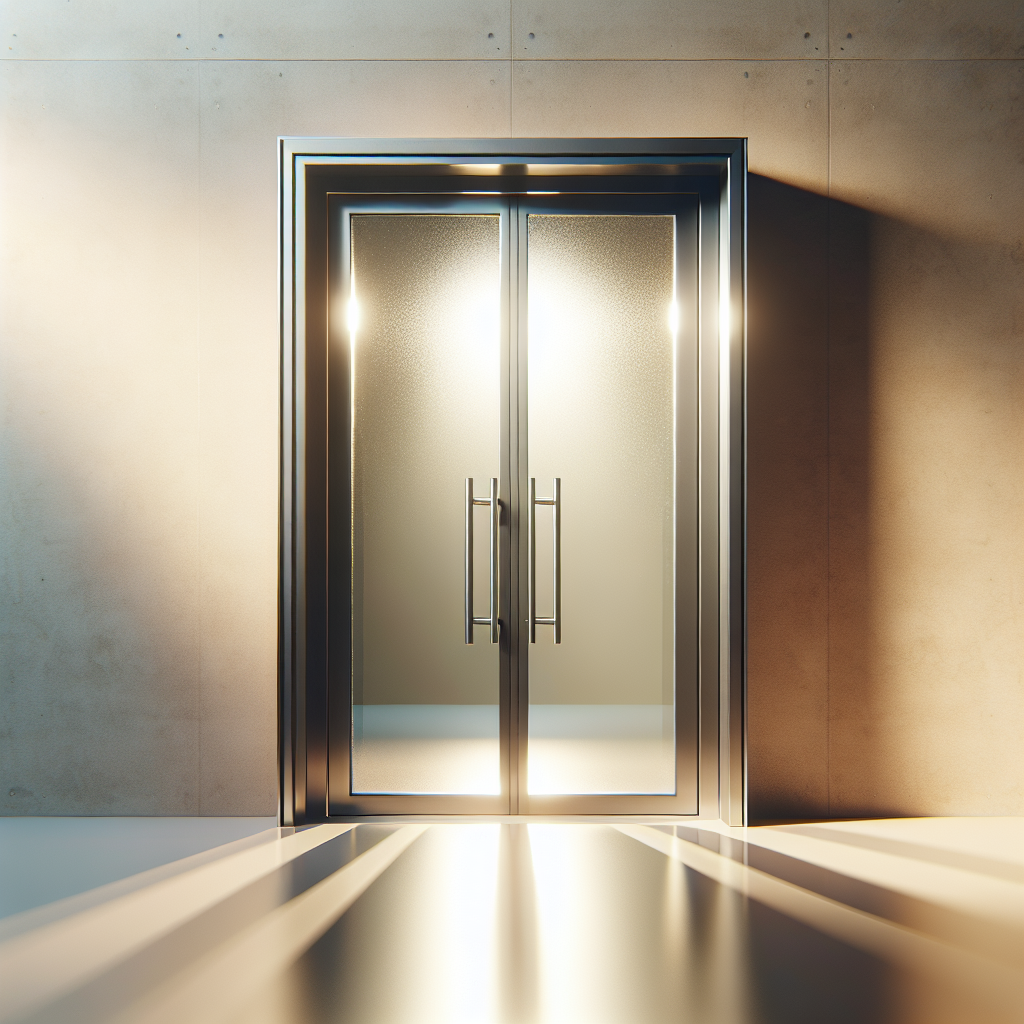 Photo-realistic glass installation with modern pivot doors, tempered glass, and seamless aluminum framing. Reflections and light add a touch of elegance.