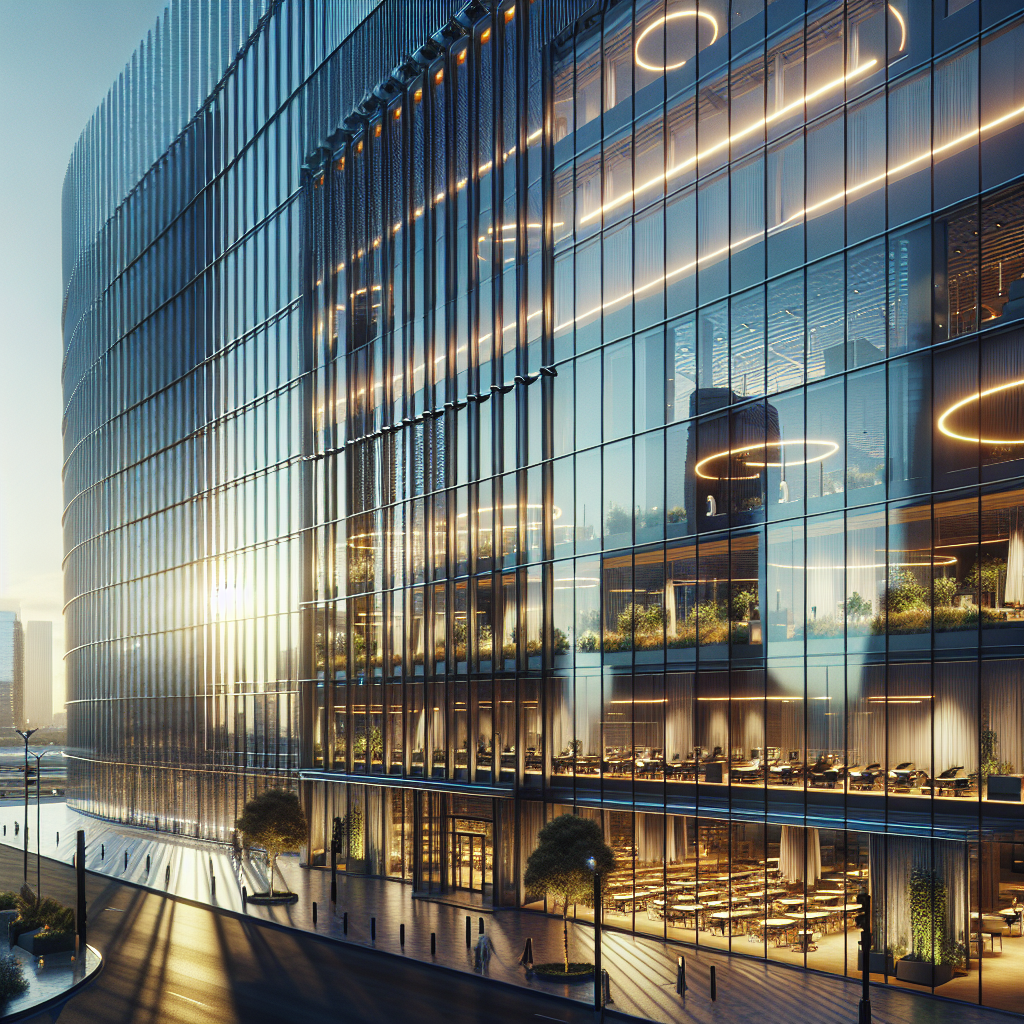Energy-efficient glass window installation with tempered glass, silicone seams, and aluminum frame, creating a realistic, reflective, and sleek look.