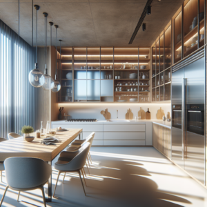 Kitchen glass installation with energy-efficient tempered glass, aluminum frame, seamless silicone joints, and realistic reflections.