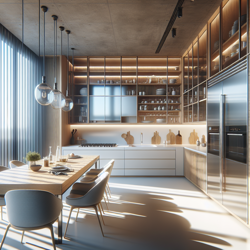 Kitchen glass installation with energy-efficient tempered glass, aluminum frame, seamless silicone joints, and realistic reflections.