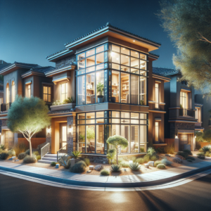 Photo-realistic energy-efficient window glass installation with reflective tempered glass and aluminum frame.