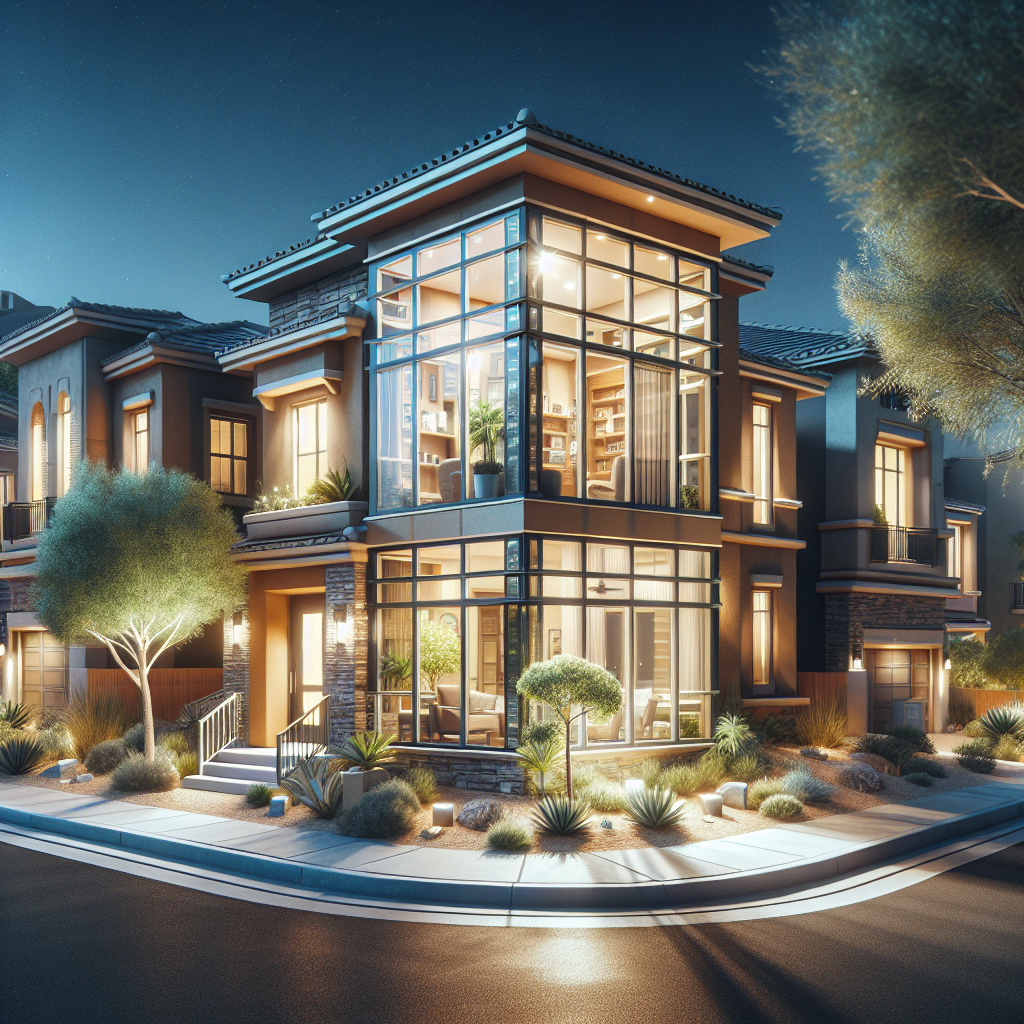 Photo-realistic energy-efficient window glass installation with reflective tempered glass and aluminum frame.