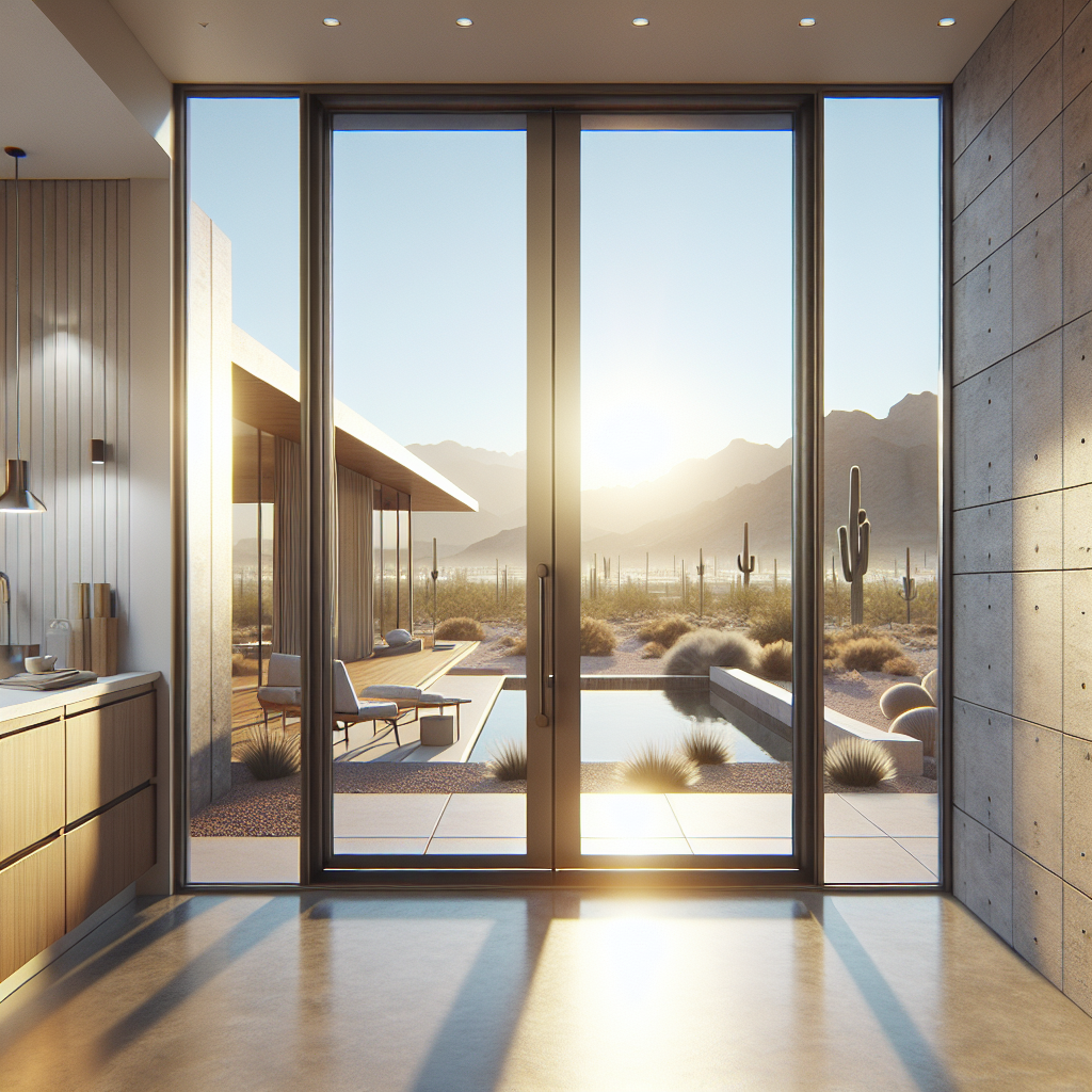 Realistic desert area sliding glass door with aluminum frame and thermal glass.