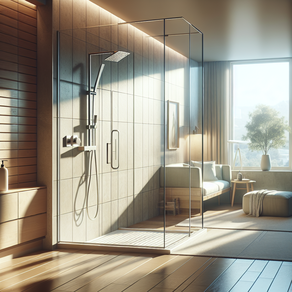 Photo-realistic glass shower enclosure with tempered glass, silicone seams, and aluminum frame. Reflections and sunlight enhance realism.