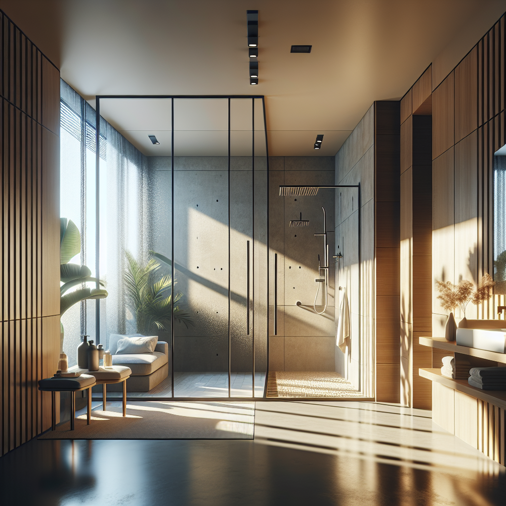 Photo-realistic sliding shower doors with tempered glass, silicone seams, and aluminum frame in a modern bathroom.