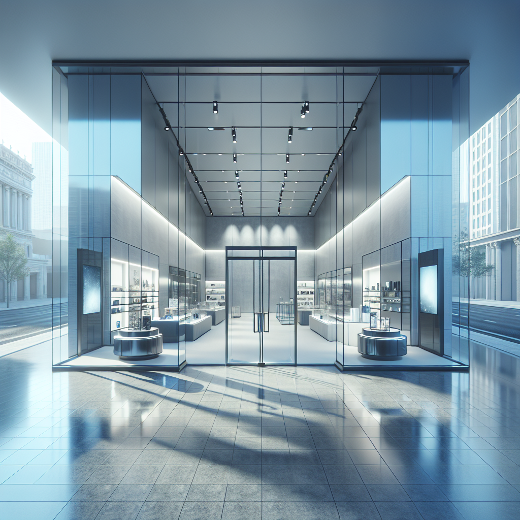 Realistic glass storefront with clear reflections and pristine surface.