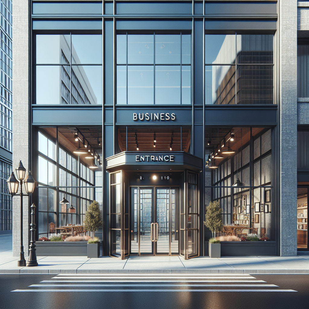Realistic glass installation with aluminum frame, tempered glass, and silicone seams, reflecting light in a modern storefront.