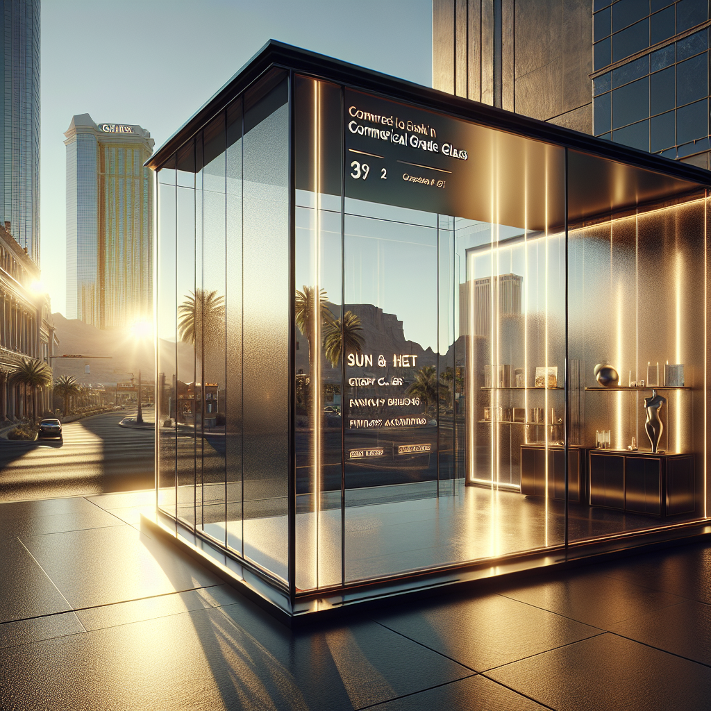 Realistic glass installation in a modern storefront, with tempered glass and aluminum frame, reflecting natural light.