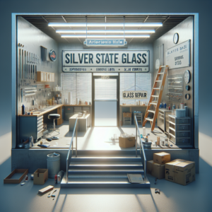 Realistic glass storefront installation with aluminum frame and silicone seams.