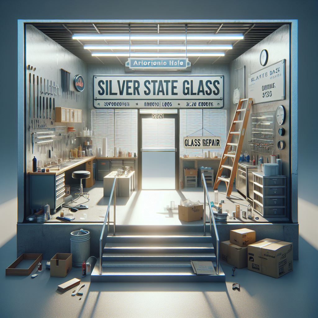 Realistic glass storefront installation with aluminum frame and silicone seams.