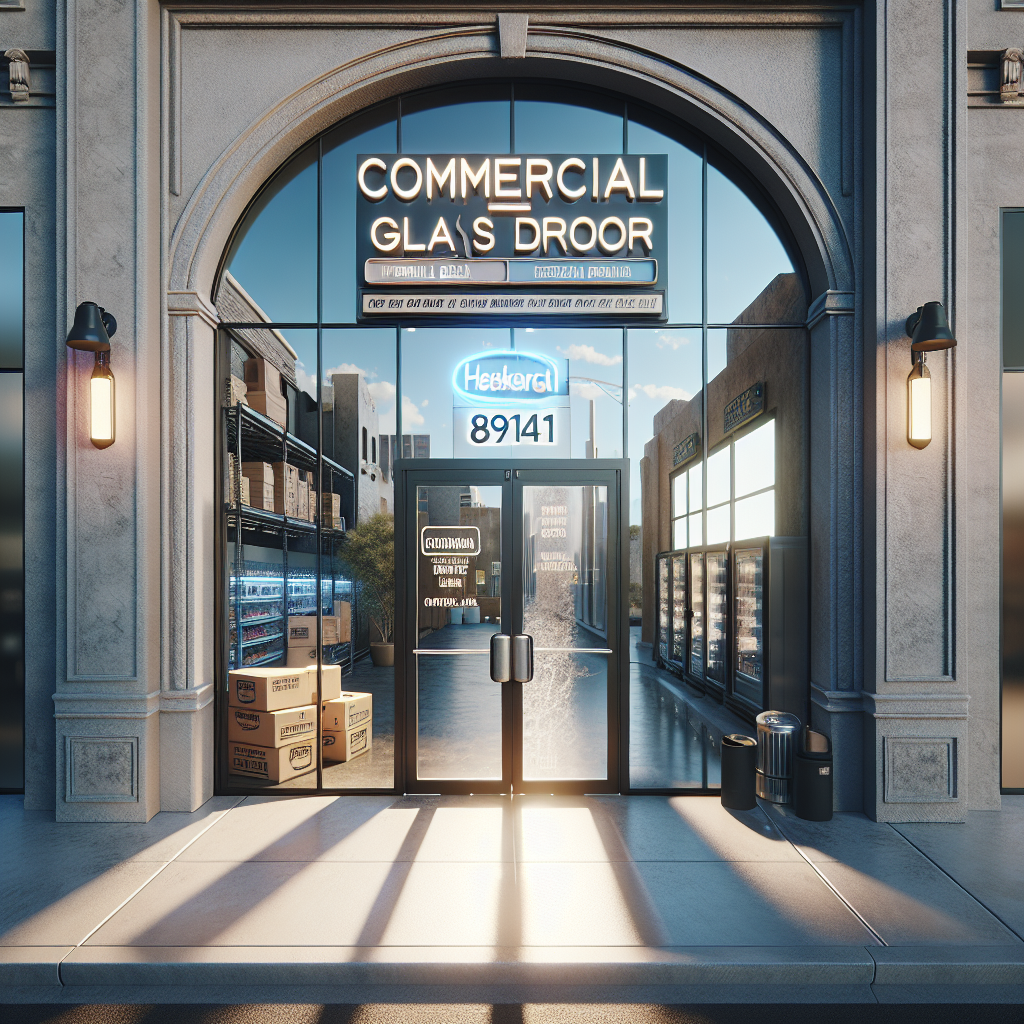 Realistic commercial glass door installation with aluminum frame and silicone seams.